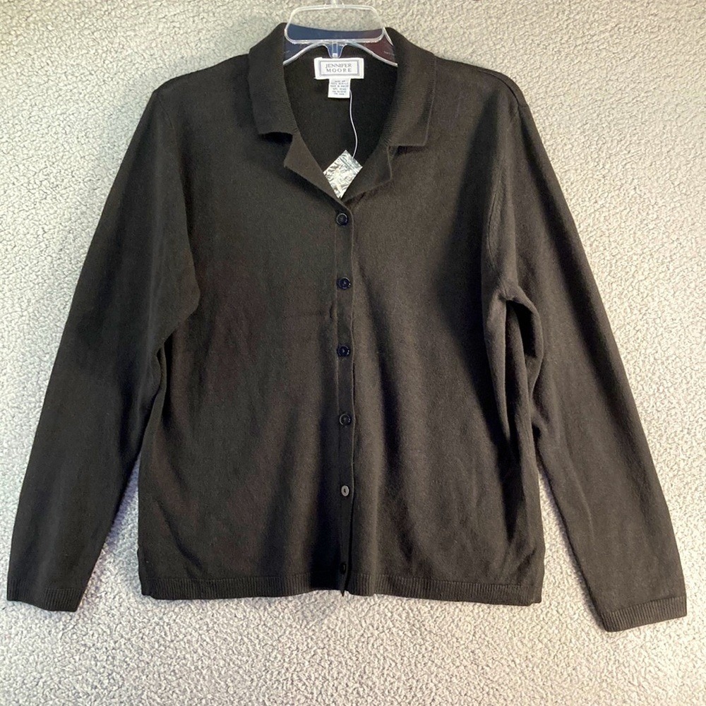 Jennifer Moore Cardigan Sweater Womens M Black Collared Button Front Knit NEW